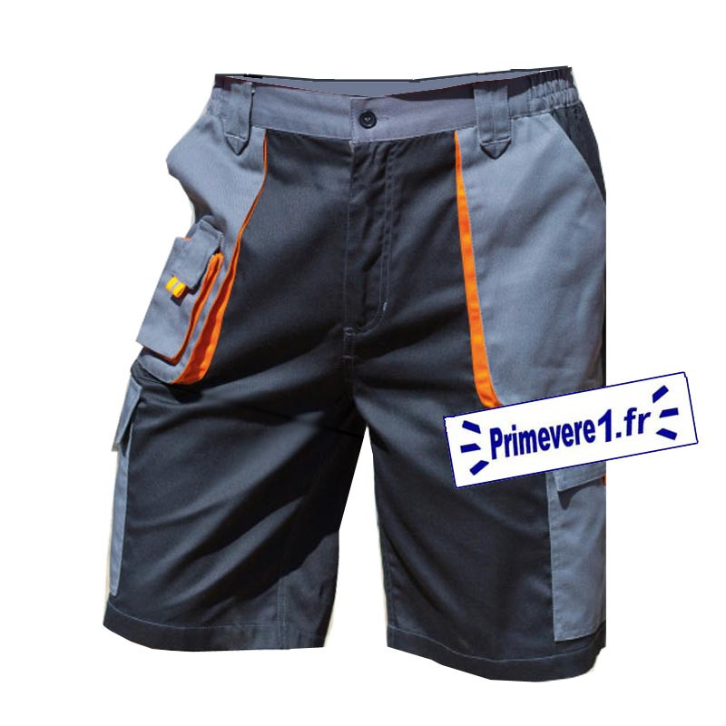 Bermuda de travail gris - noir - garni orange - poches cargo à soufflet Bermuda de travail gris - noir - garni orange - poches cargo à soufflet