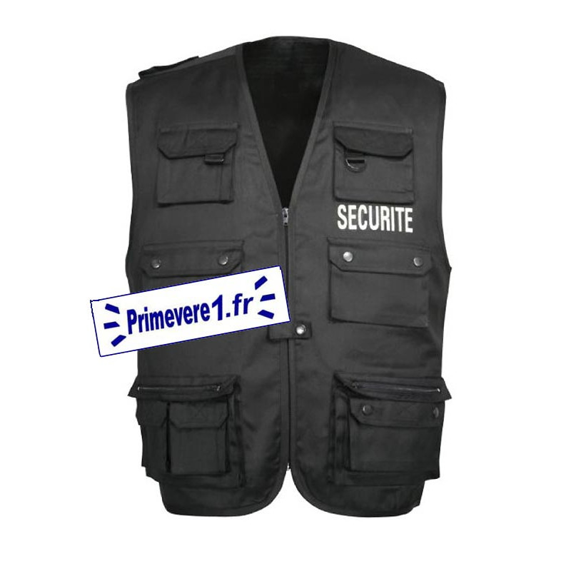 Gilet multi-poches noir bordé SECURITE - devant et dos Gilet multi-poches noir bordé SECURITE - devant et dos