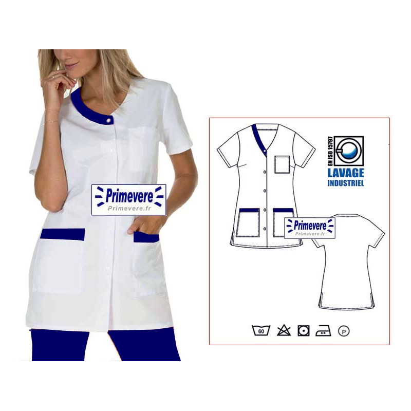 Tunique médicale femme Valentine couleur blanche garnie bleu foncé Tunique médicale femme Valentine couleur blanche garnie bleu foncé